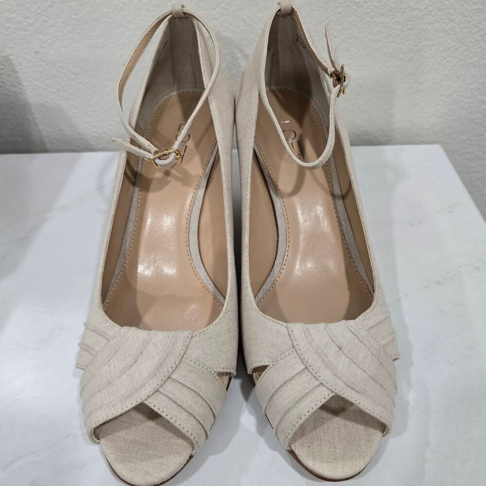 Ann Taylor Loft ✦ Peep-Toe Wedge Sandals ✦ Khaki Linen Buckle Strap Summer Heel